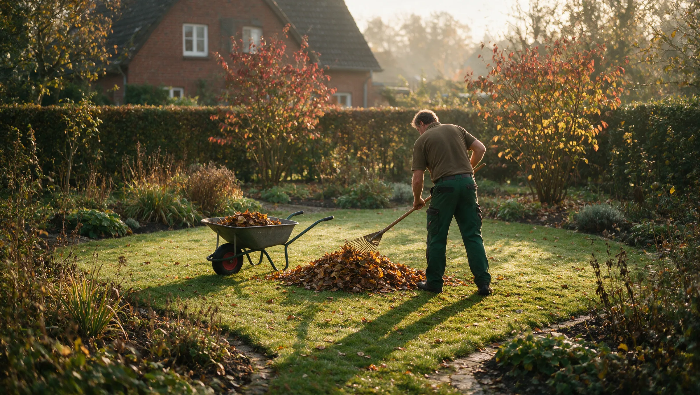 Herbstpflege: Laub wird vom Rasen geharkt